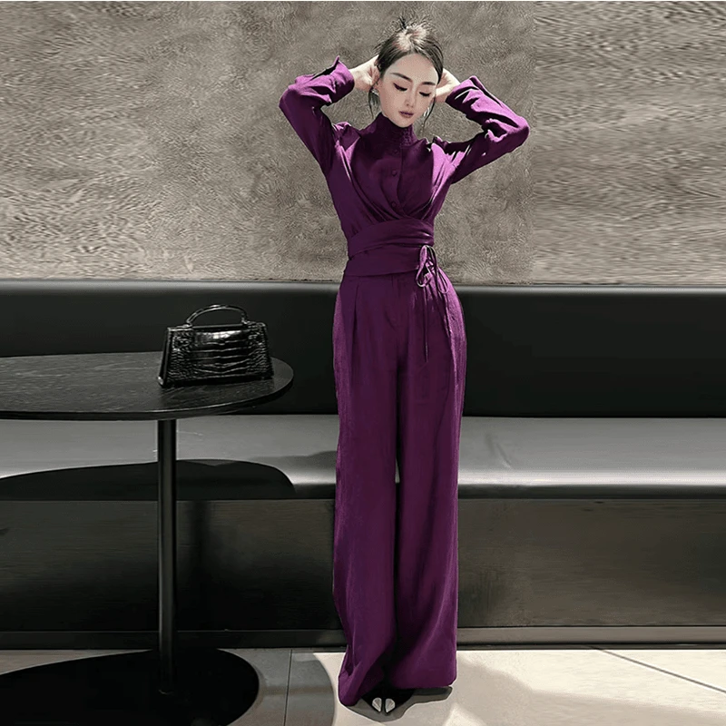 亚时尚女套装秋高级感盘扣系带交叉绑带上衣阔腿裤两件套春休闲