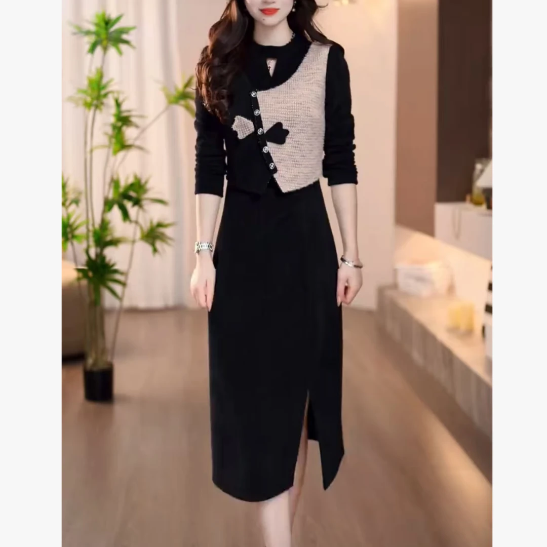 5861#时尚减龄假两件连衣裙2025冬新款遮肉显瘦气质拼接撞色裙子