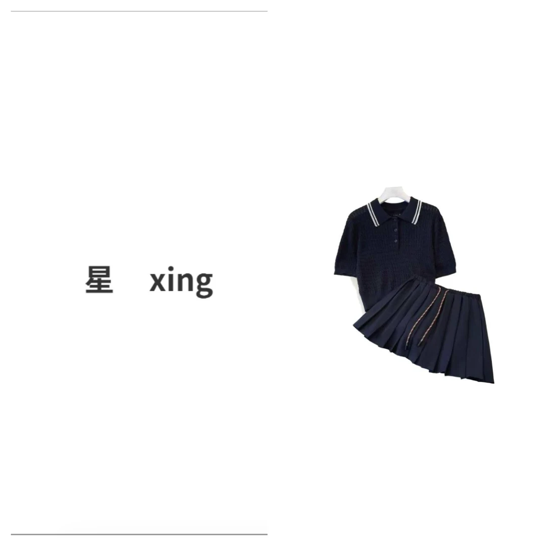 034-036夏装新款小翻领针织上衣系带松紧腰百褶裙套装55065-55066