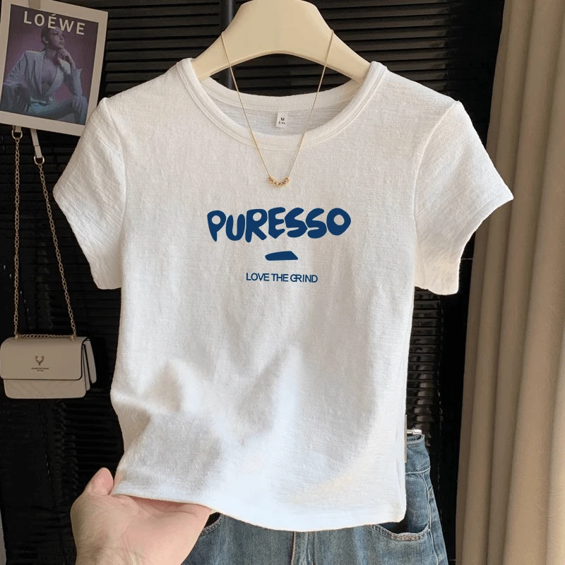 简约白色字母印花肌理感圆领短袖t恤女夏季独特正肩修身上衣T恤