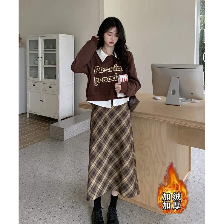 字母印花长袖卫衣秋季新款复古格子半身裙胖mm显瘦两件套装女1635