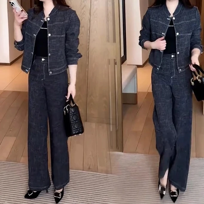 时尚休闲套装女2025春季新款洋气减龄显瘦短款外套阔腿裤两件套潮