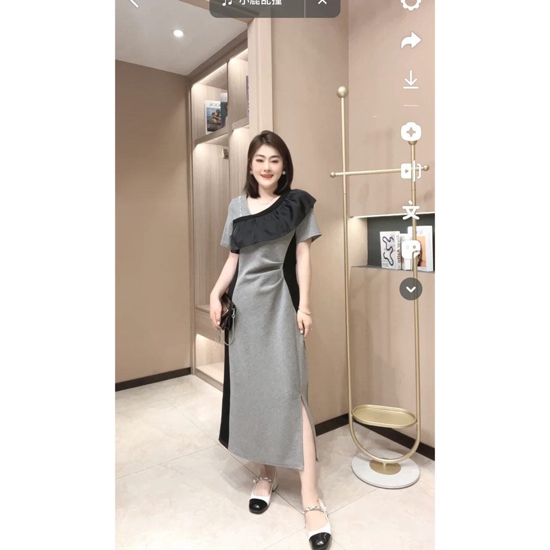 50035 法式荷叶边拼色收腰显瘦轻奢风高端气质开叉时尚连衣裙