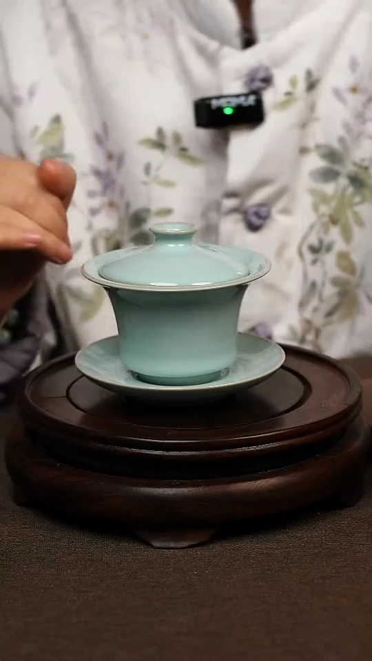 瓷片天青色全手三才马蹄盖碗130ml 全品 礼盒包装