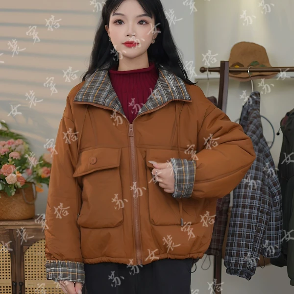 2024冬季新款时尚拼色简约格子休闲外套短款立领加厚棉服女棉衣