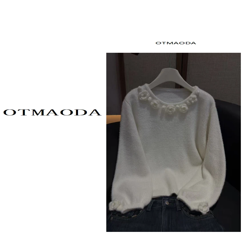 【南瓜定制】N2152-新款毛针织衫纯色打底衫花朵针织