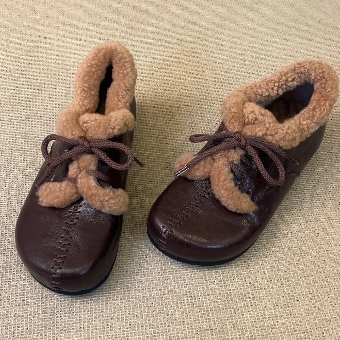 RubyL/2.3cm复古通勤设计感缝线系带圆头厚底加绒勃肯毛毛鞋女款