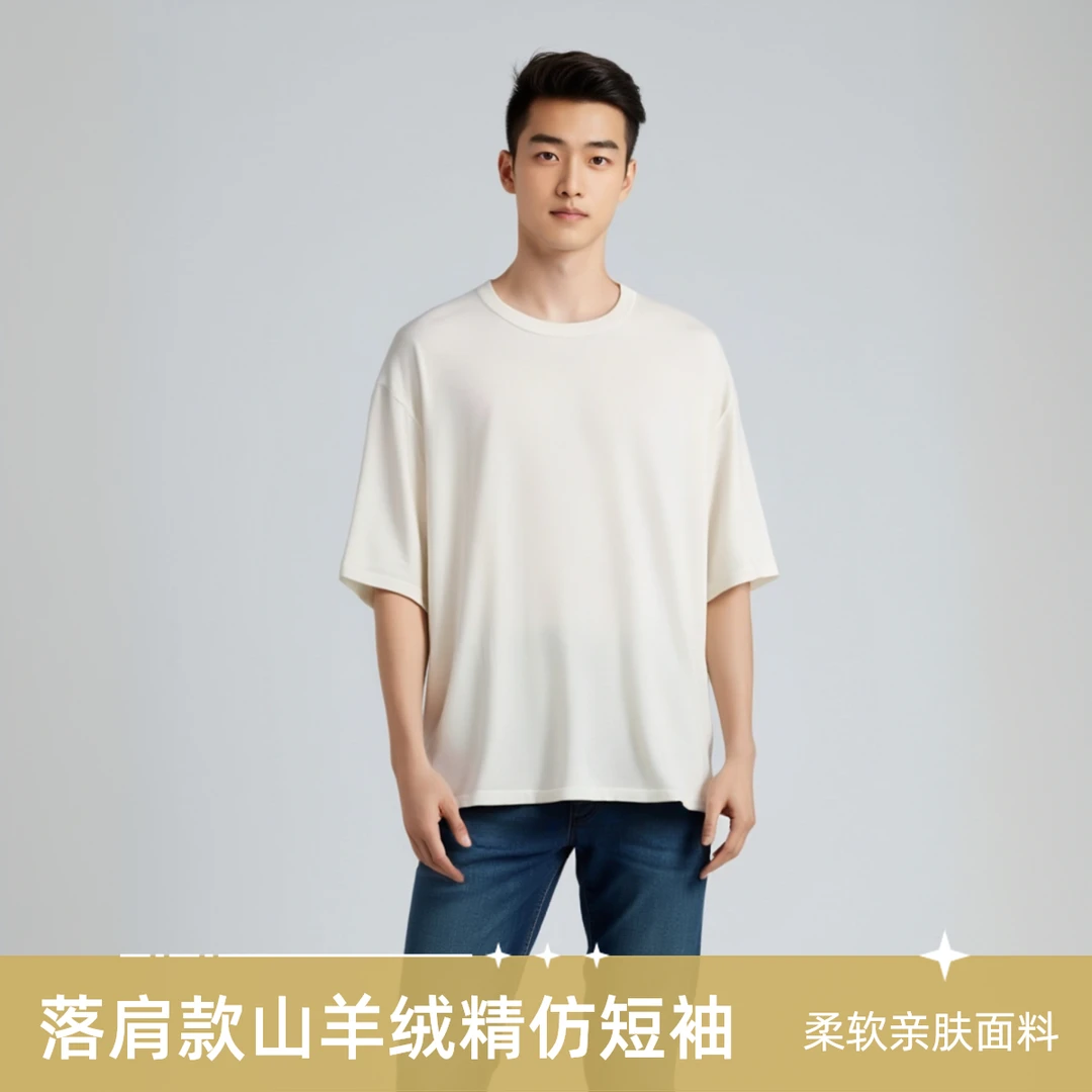 精纺100%纯山羊绒男士圆领薄款春夏针织短袖商务休闲羊绒衫纯色