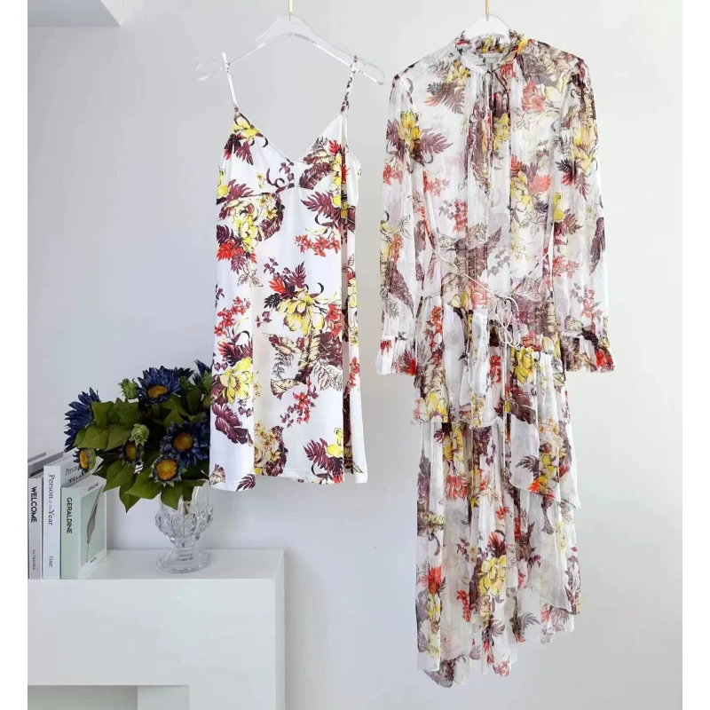 Q 时尚收腰度假风印花气质长袖款设计师女装连衣裙-8060