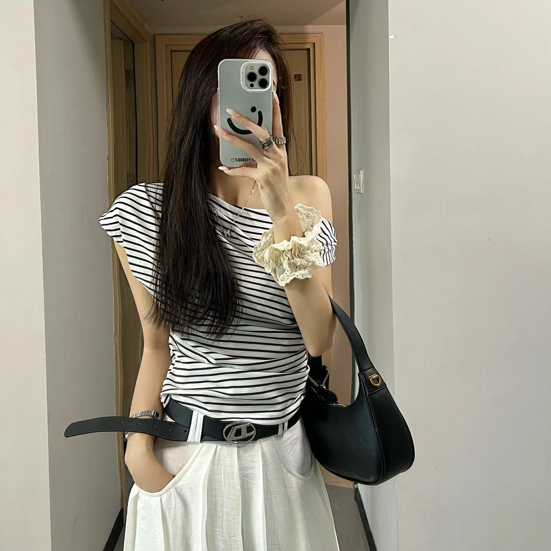 2025夏季新款辣妹高级感宽松显瘦纯欲气质条纹T恤撞色设计感上衣