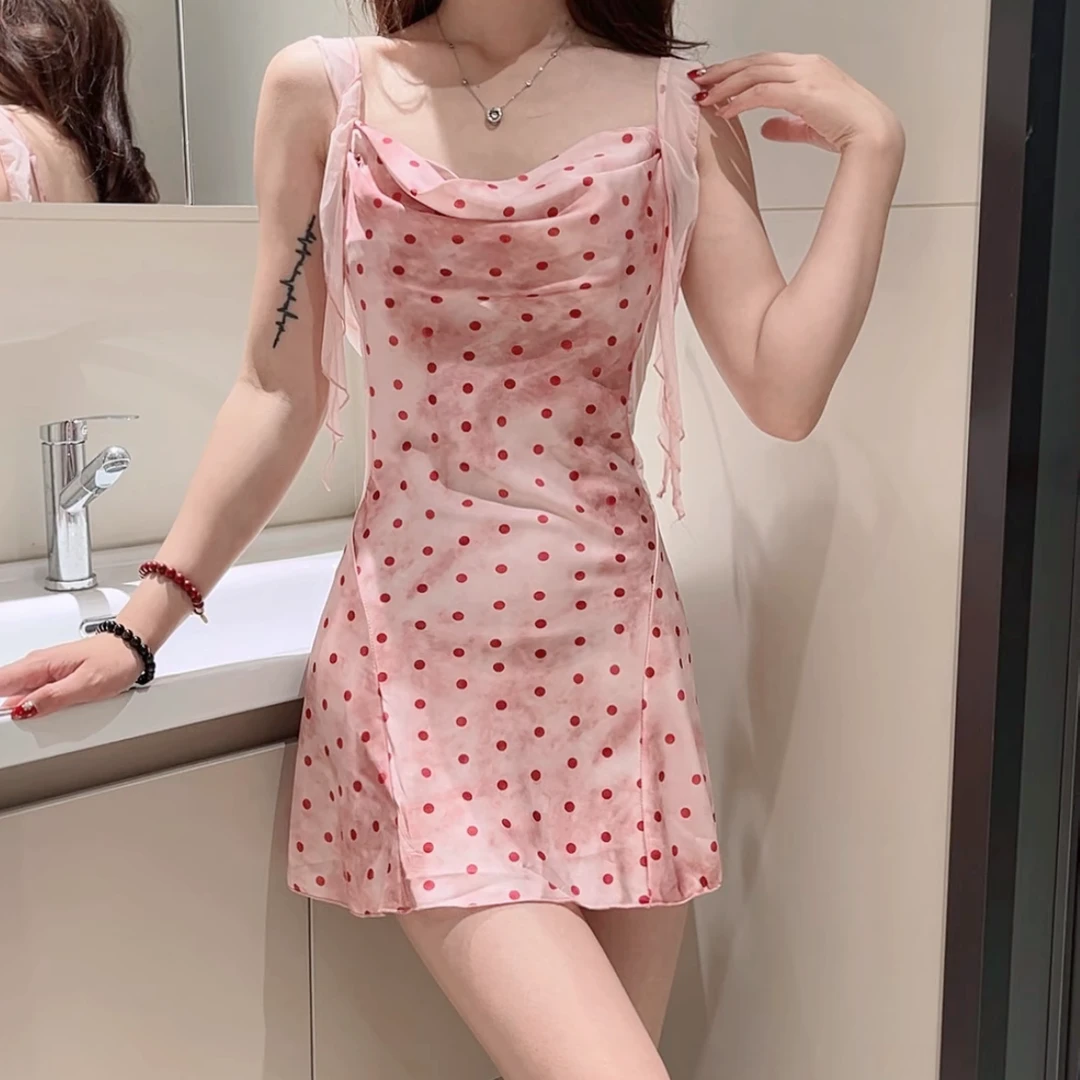 2025新款冰丝睡衣女粉色波点吊带裙甜美洋气收腰睡裙堆堆领套装