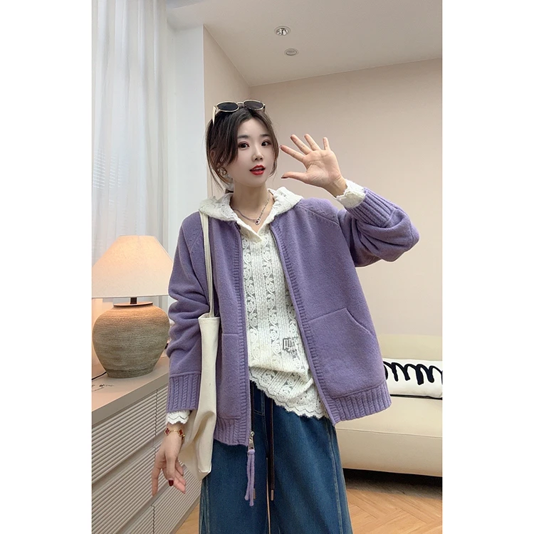 花开半夏】韩系百搭宽松显瘦螺纹坑条圆领双拉链针织毛衣长袖开衫