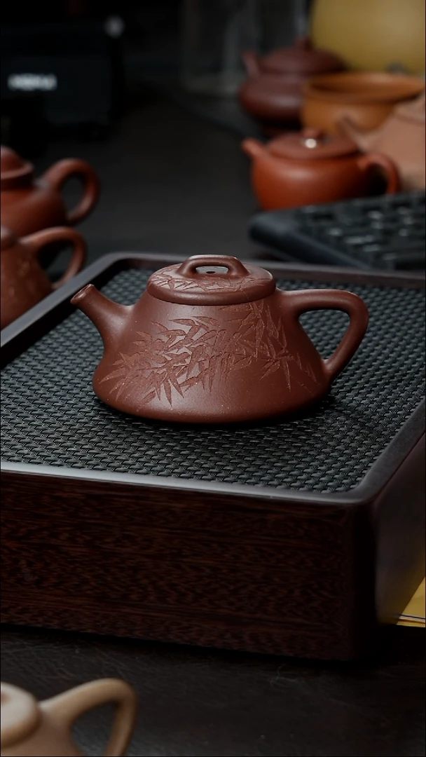 茶壶紫砂紫泥启瓢微瑕半手150刻竹