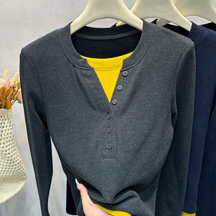 撞色拼接假两件长袖T恤女2024秋冬新款时尚女装抓绒保暖打底衫潮