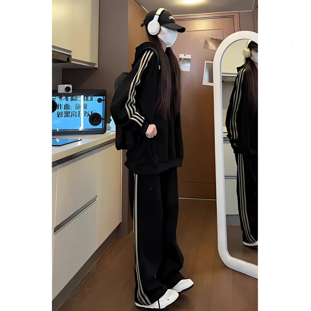 潮牌三条杠连帽卫衣休闲运动套装秋季男士宽松运动服直筒运动裤