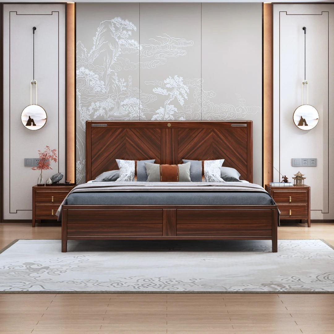新中式乌金木床主卧大床1.8米1.5米婚床高端别墅民宿实木床高箱床