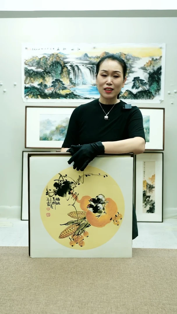 国画52*52李法良手绘花鸟带框