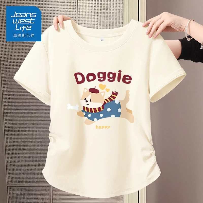 真维斯无界夏季抽褶正肩紧身短T甜妹风可爱印花ins收腰显瘦百搭女