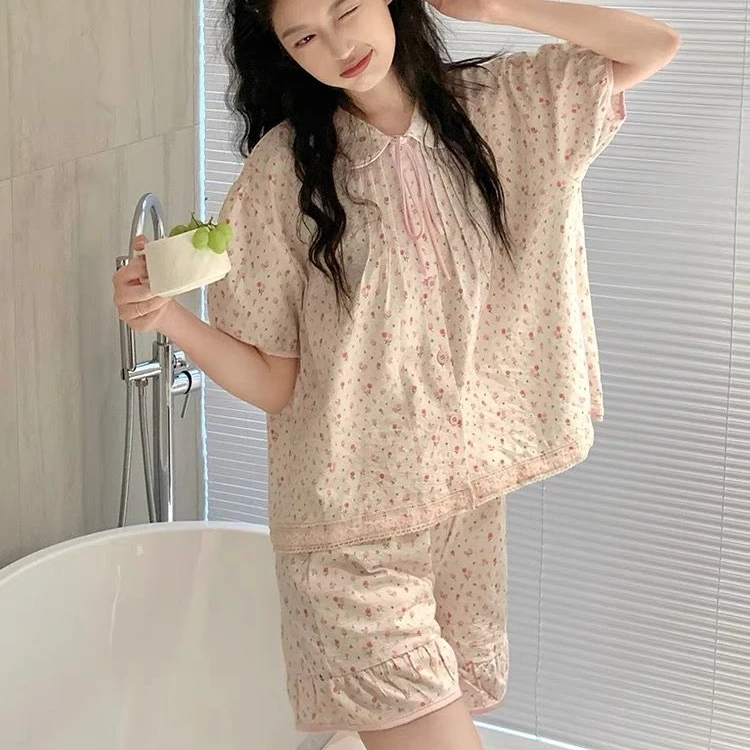 甜美碎花娃娃领睡衣女夏季日系少女ins风花边拼接气质家居服套装