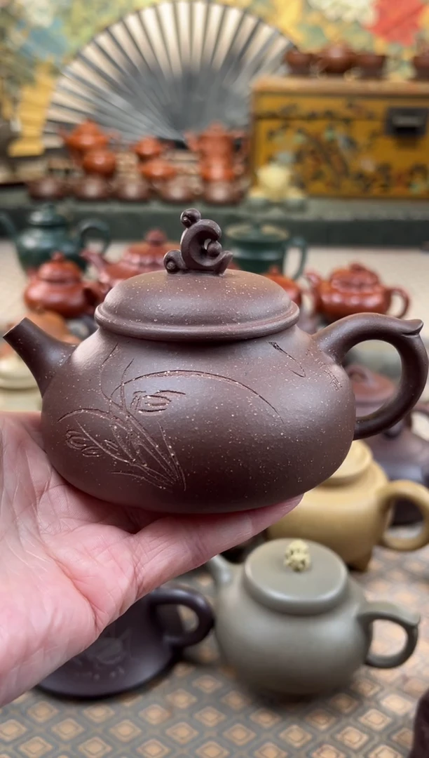 茶壶紫砂一*黑墩头刻绘海良壶250CC