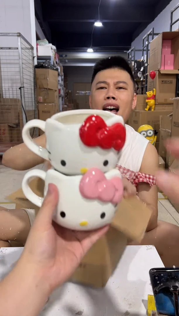 瓷片红色加粉色蝴蝶结kt头杯2件套微瑕