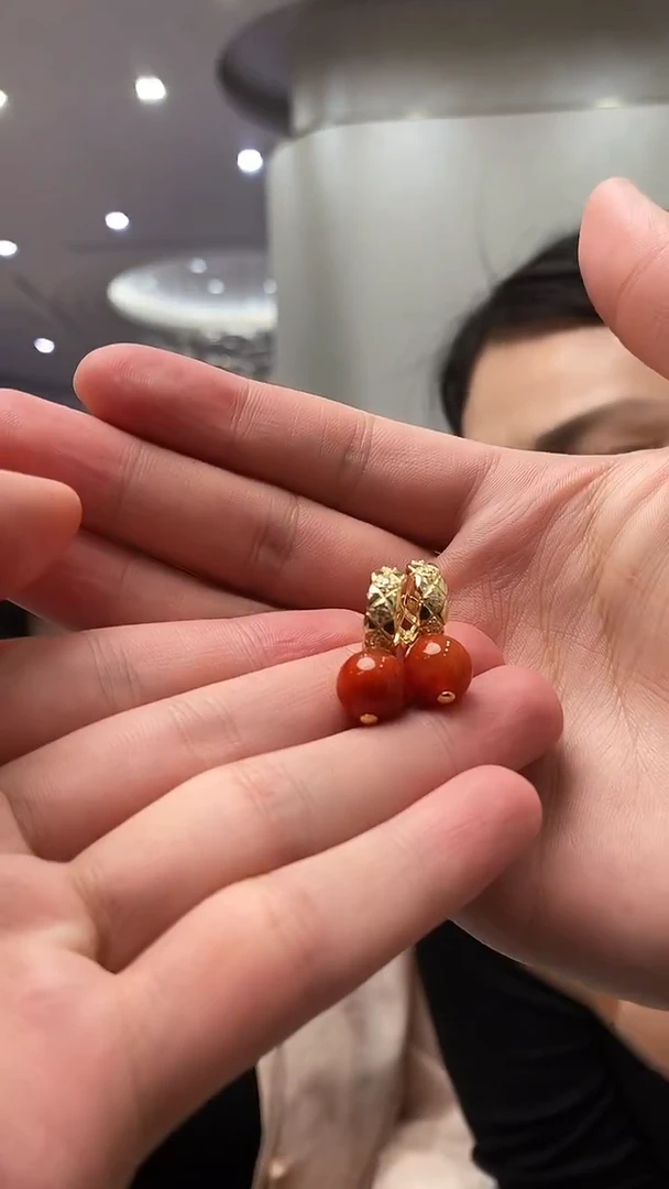 银S925镶嵌南红玛瑙耳饰天然原矿南红圆珠耳环