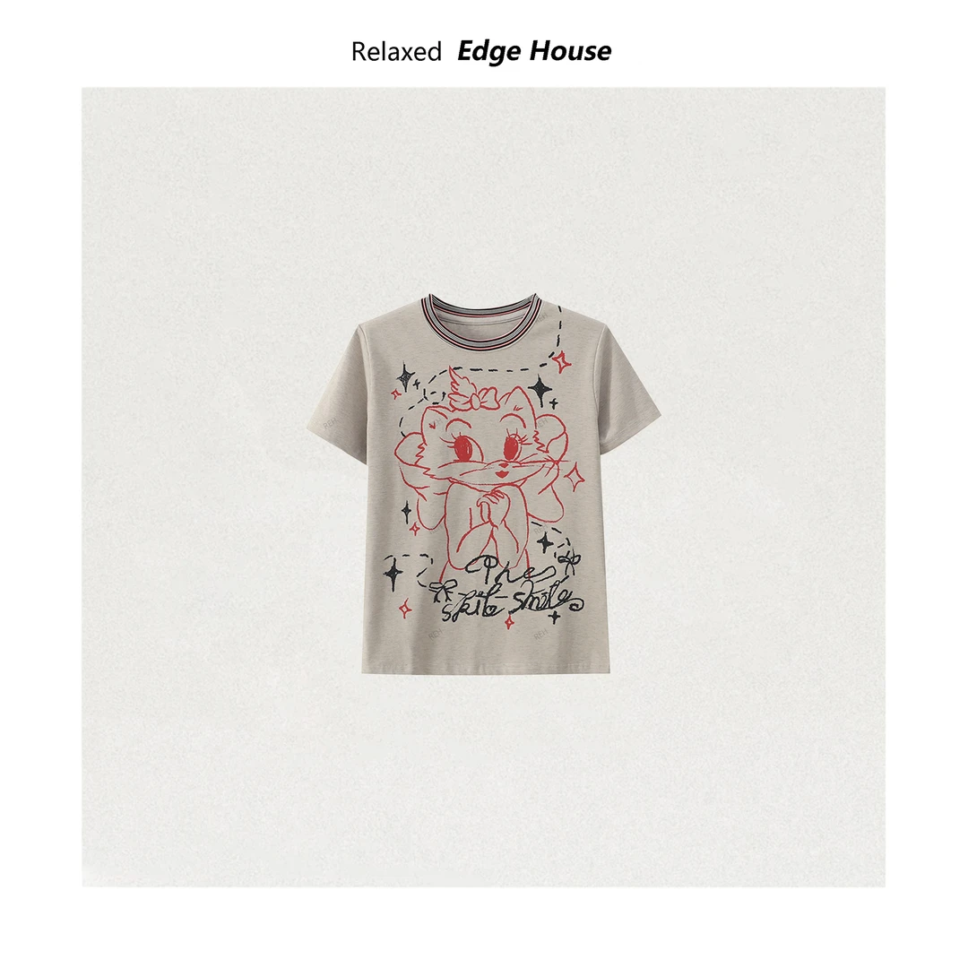 【嘻嘻家】猫咪女孩 超可爱卡通印花图案女士条纹领子T恤