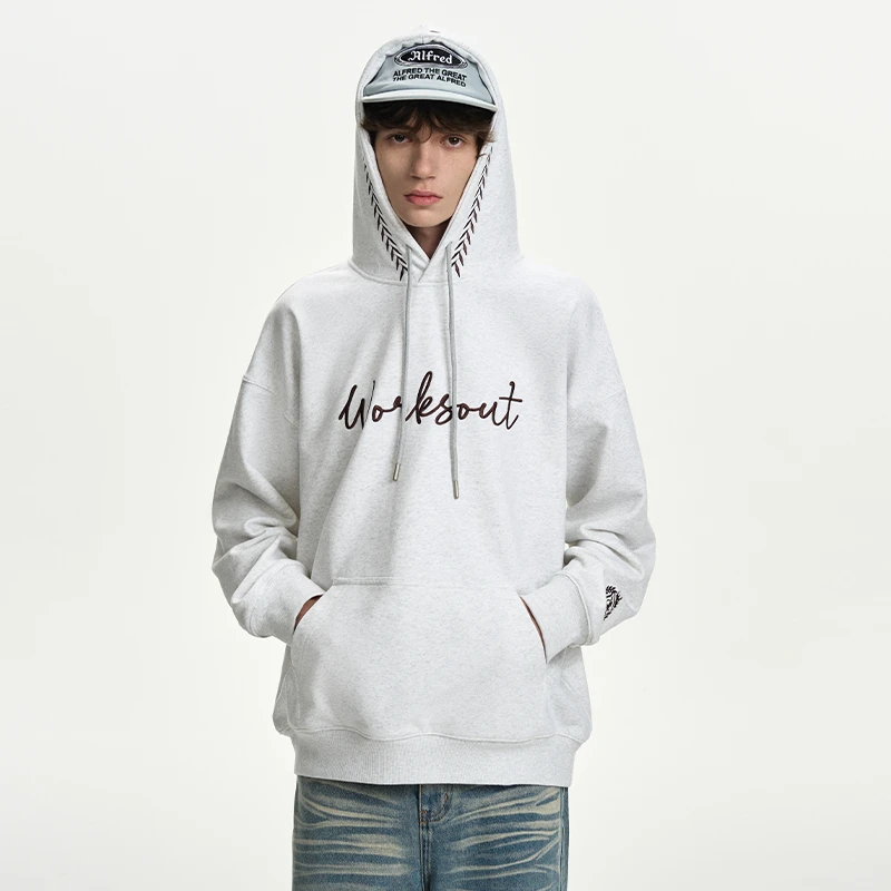 菱格纹刺绣连帽卫衣字母简约复古休闲宽松情侣外套