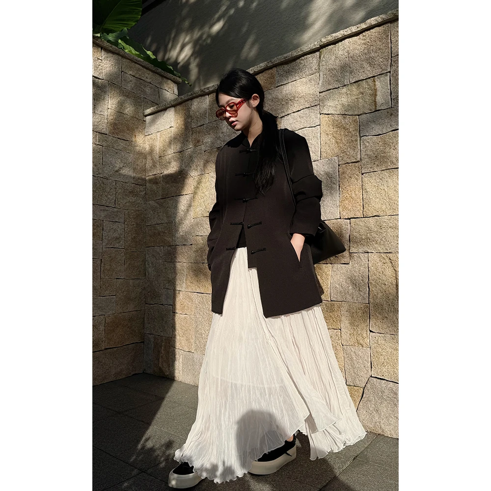 LA CALLA中山装黑色新中式盘扣复古中长款外套OY1701