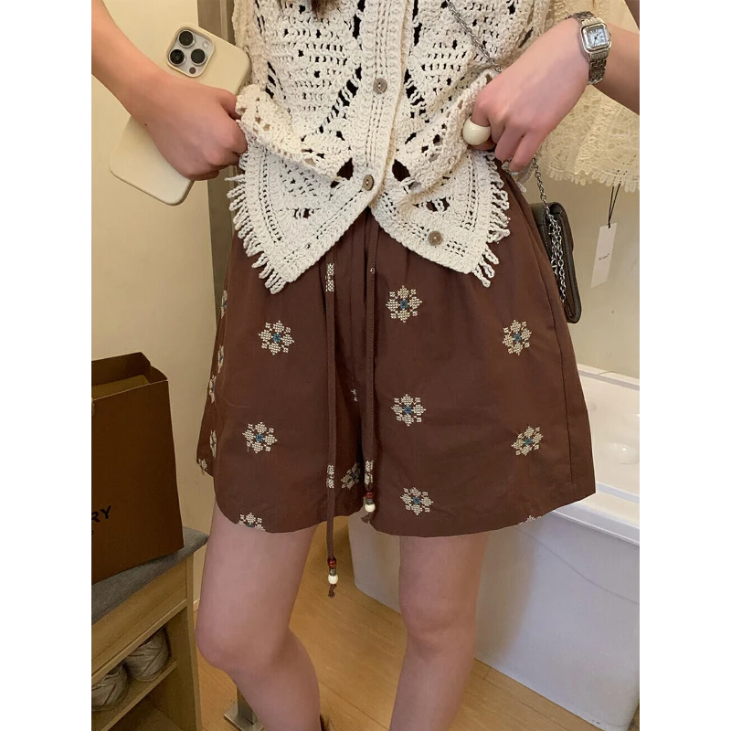 复古度假风高级印花短裤睡裤女夏季新款大码休闲裤子家居裤可外穿