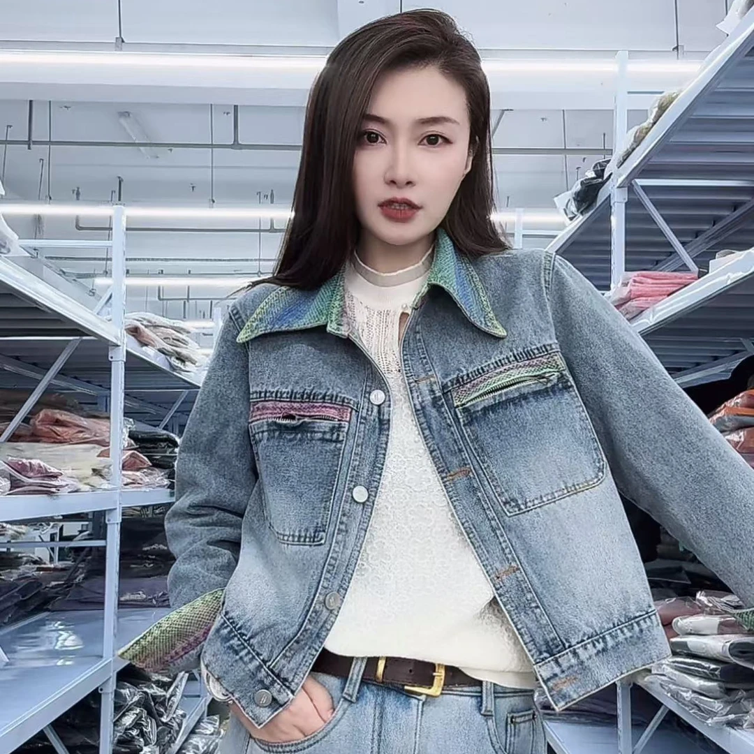 【芊荨精选】2025春季新款百搭时尚翻领亮钻宽松牛仔短外套S732#