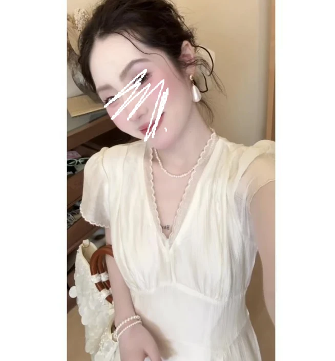 法式白月光v领连衣裙温柔初恋奶甜修身减龄高级感收腰裙子夏3308#