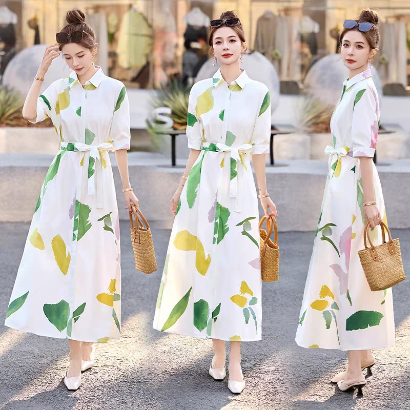 MA家2025春夏新款时尚百搭翻领印花收腰显瘦连衣裙女中长款裙922