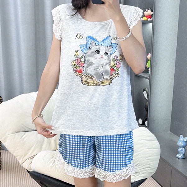 睡衣女夏季爆款小飞袖卡通带胸垫薄款休闲宽松家居服套装-528（TZ）