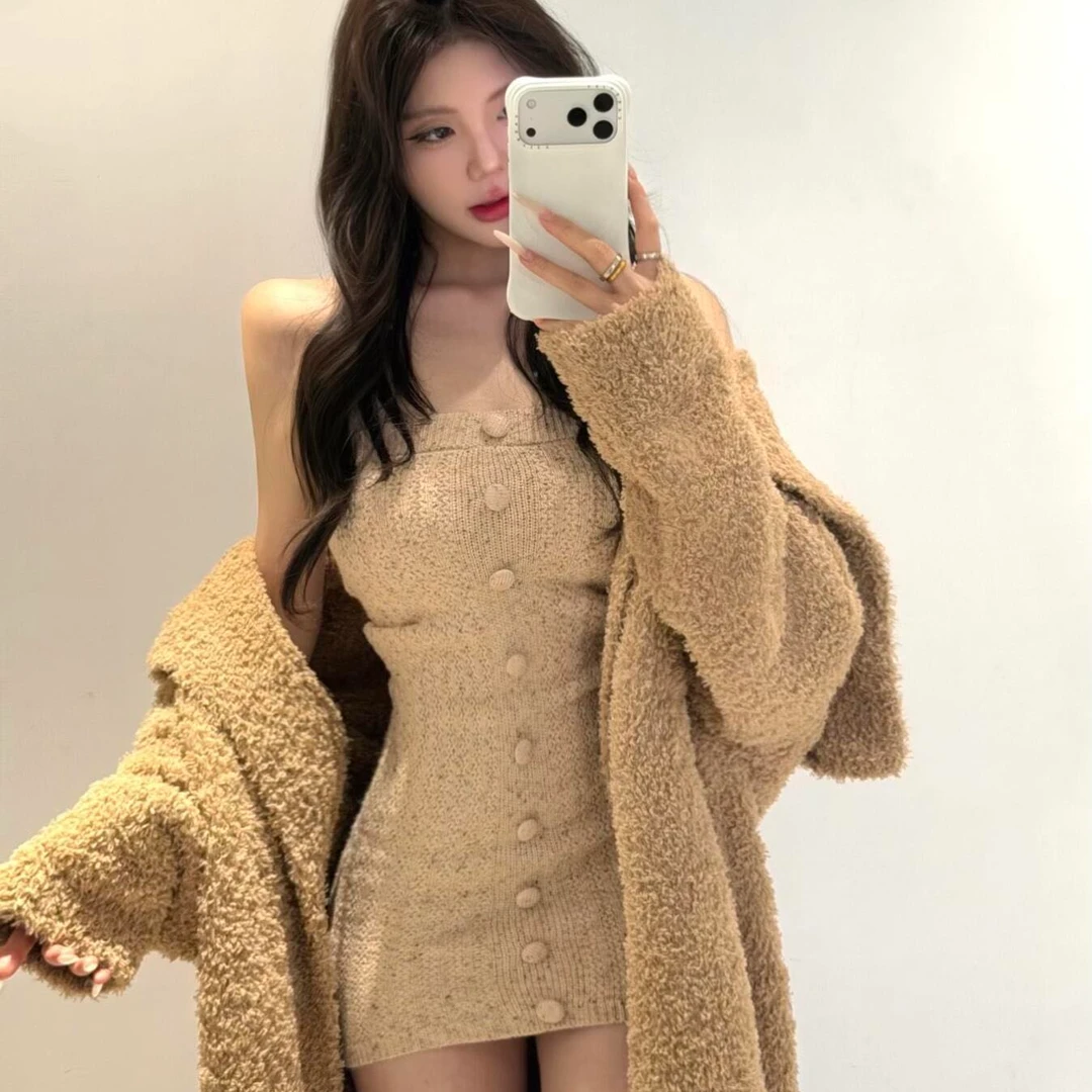 韩系气质慵懒风针织开衫外套女秋季气质收腰显瘦抹胸连衣裙两件套