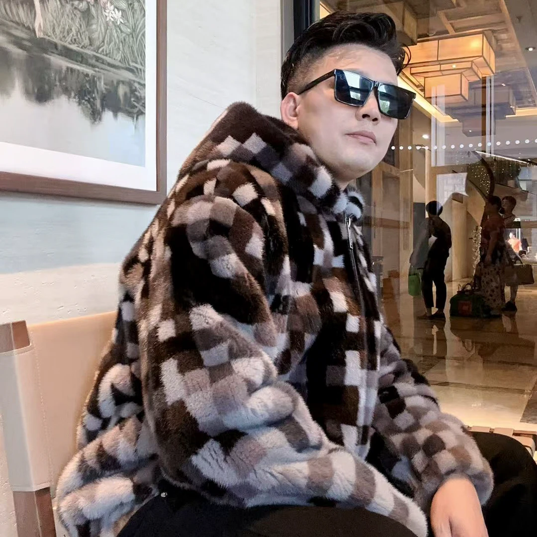 【南兮】NANXI 小众设计 棋盘格经典设计水貂帽款夹克 时尚潮流