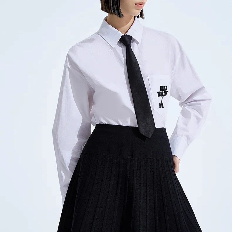 F5127-【力】领带装饰刺绣翻领宽松白色衬衫衬衣#VOH57S064