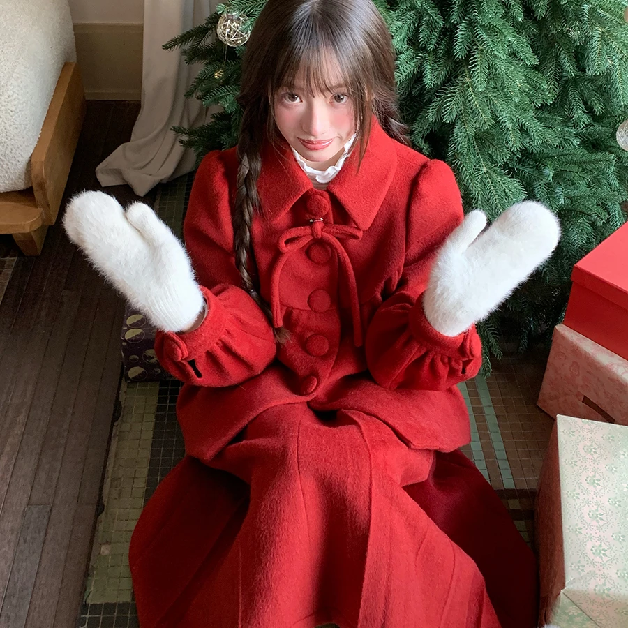 红色新年战袍甜美套装娃娃领蝴蝶结千金大小姐毛呢外套半裙两件套