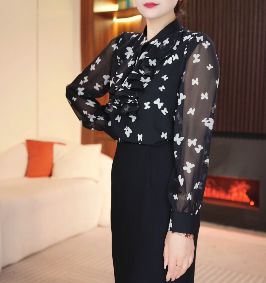 2025新款女年荷叶边长袖轻奢衬衫春季高端气质漂亮小衫上衣0222-6