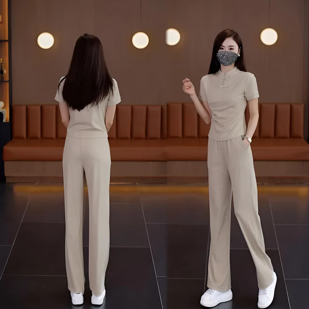163【衣长48裤长96】新中式休闲运动套装薄款洋气时尚阔腿裤两件套