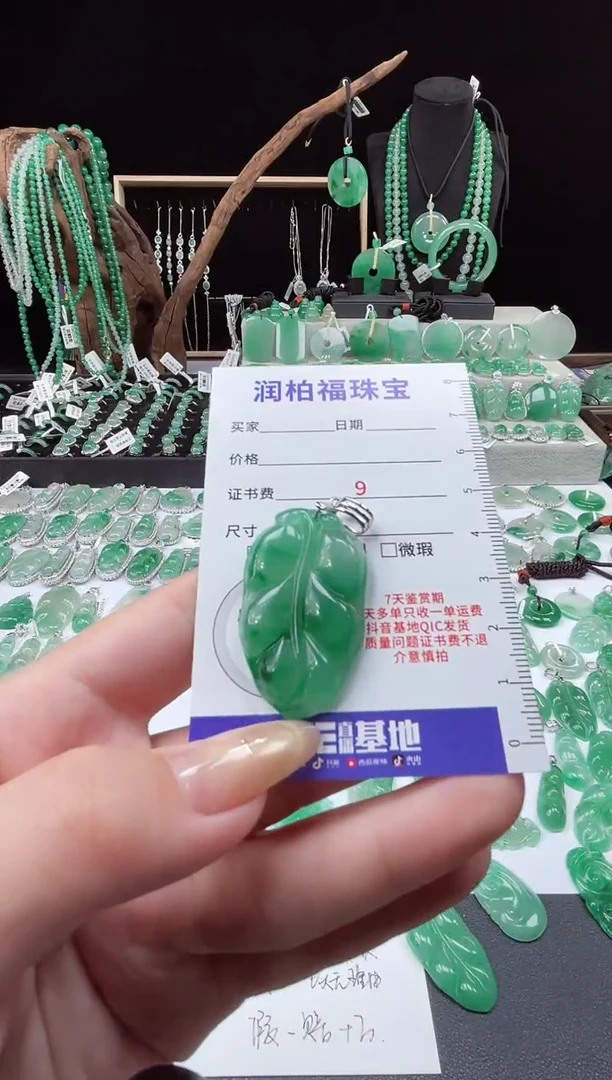 吊坠(赠链)银S925镶嵌石英质玉（非洲翠）20.73叶子