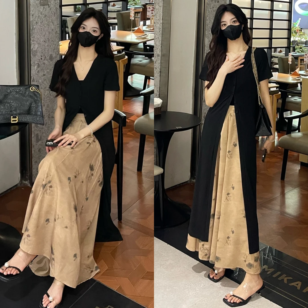 2025夏装搭配一整套黑色连衣裙水墨阔腿裤两件套盐系轻熟时尚套装