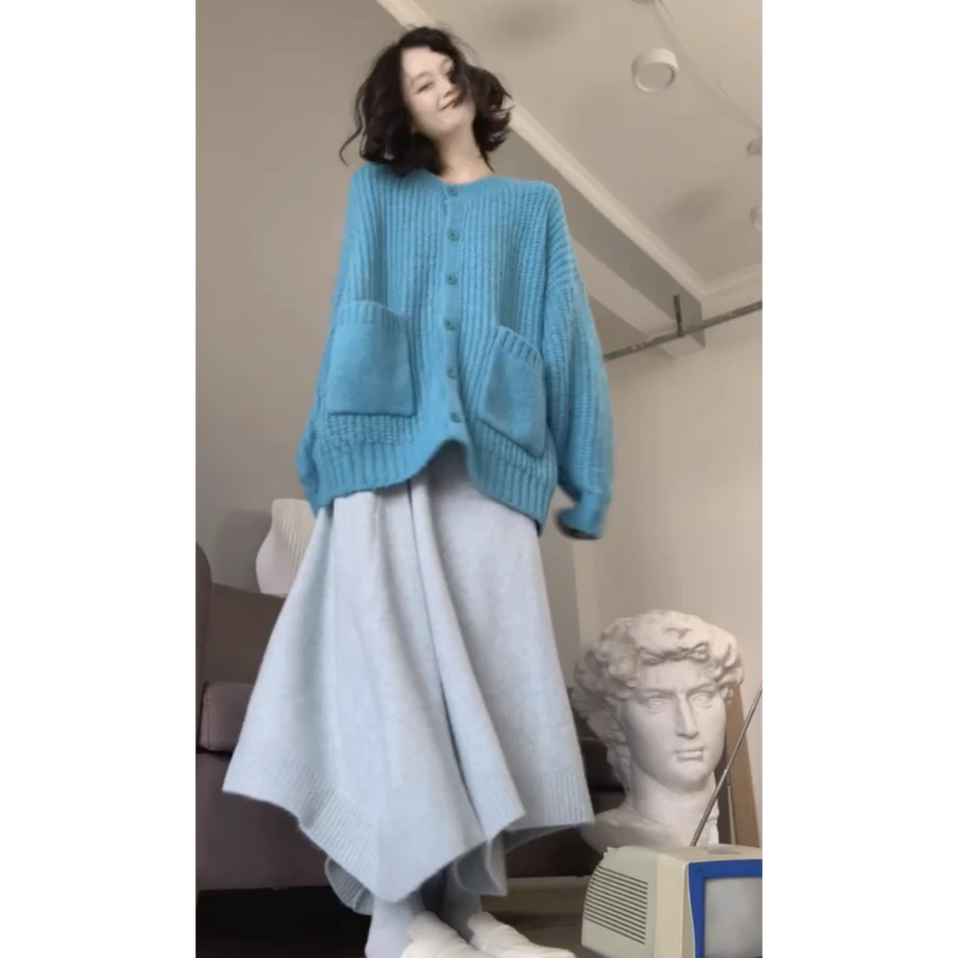 巨好看的韩系秋季ootd穿搭一整套蓝色毛衣半身裙子套装女X11412