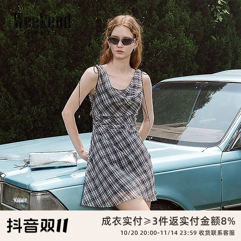 【商场同款】卓雅周末25夏新款复古格纹绑带收腰网纱连衣裙XRW2L04C