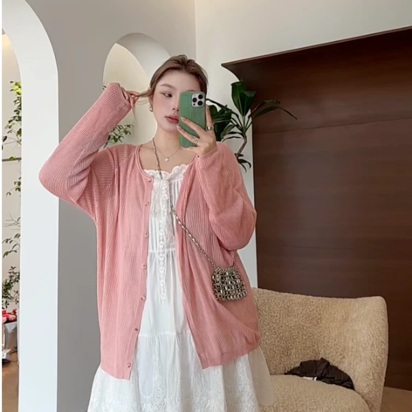 【瘦瘦】大码夏季薄款亚麻莱赛尔宽松百搭长袖防晒针织开衫S01613