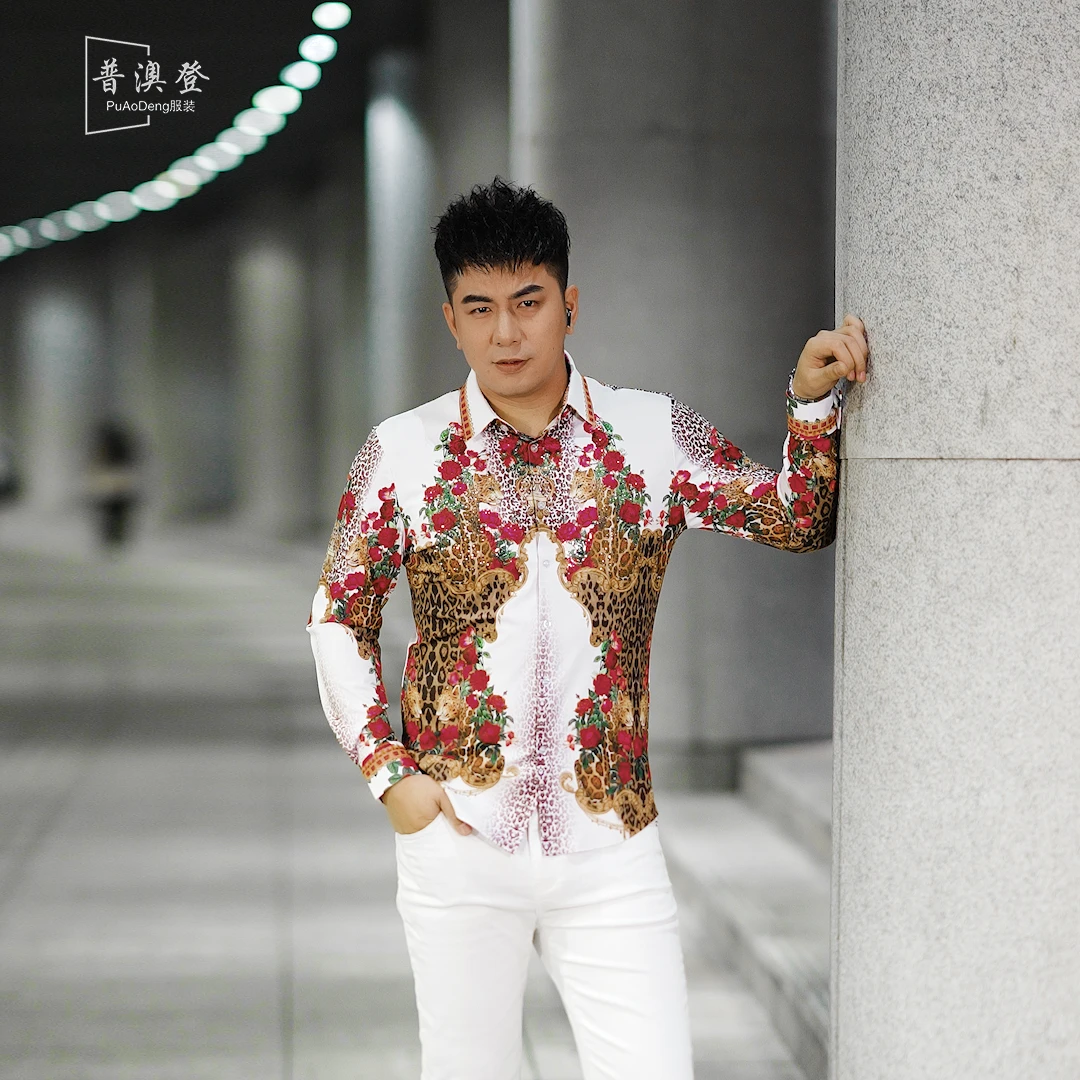 2025春季新款复古时尚潮流百搭休闲豹纹花卉烫钻男士长袖花衬衫
