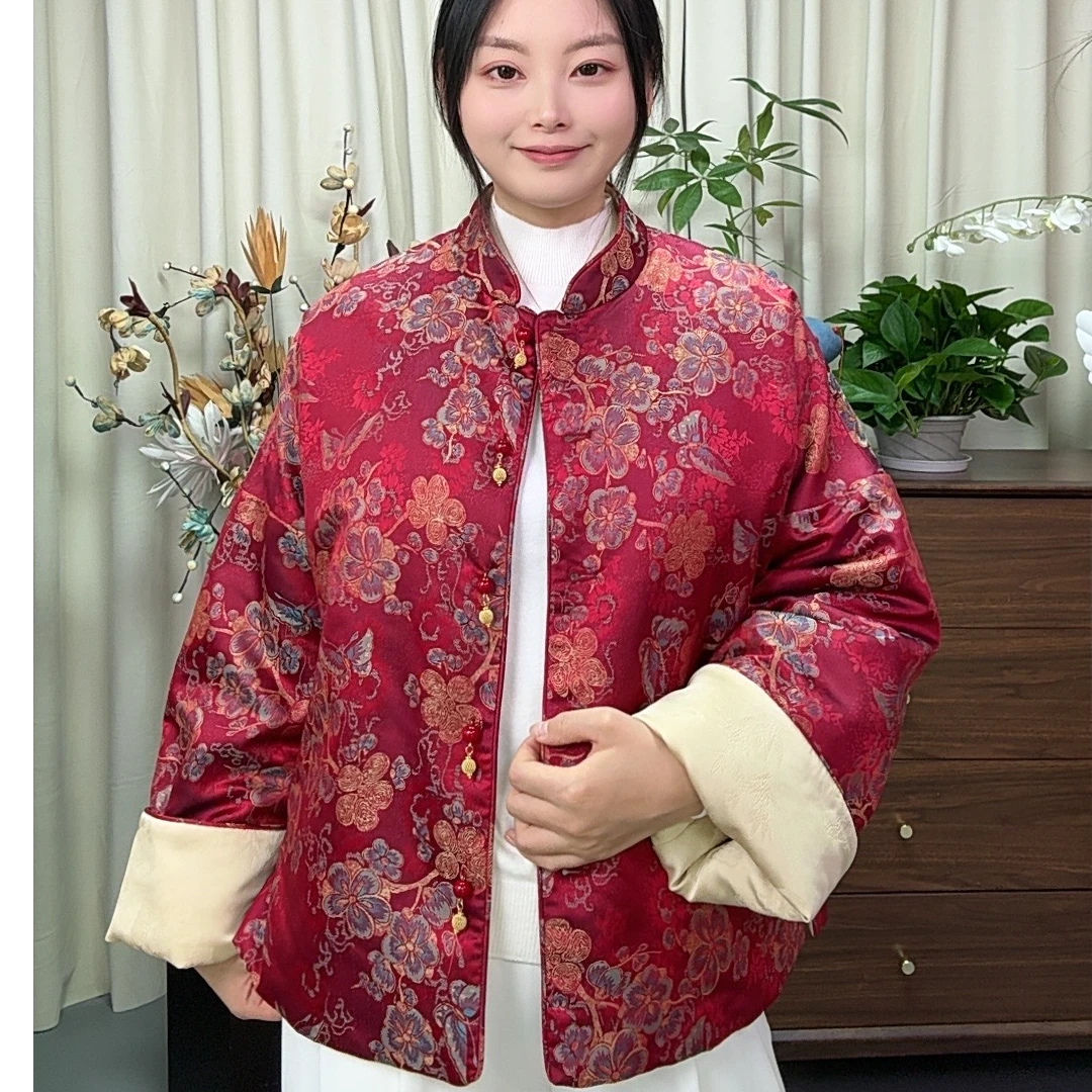红色棉衣外套中国风棉服宋锦显瘦厚外套国风红色新年棉服外套