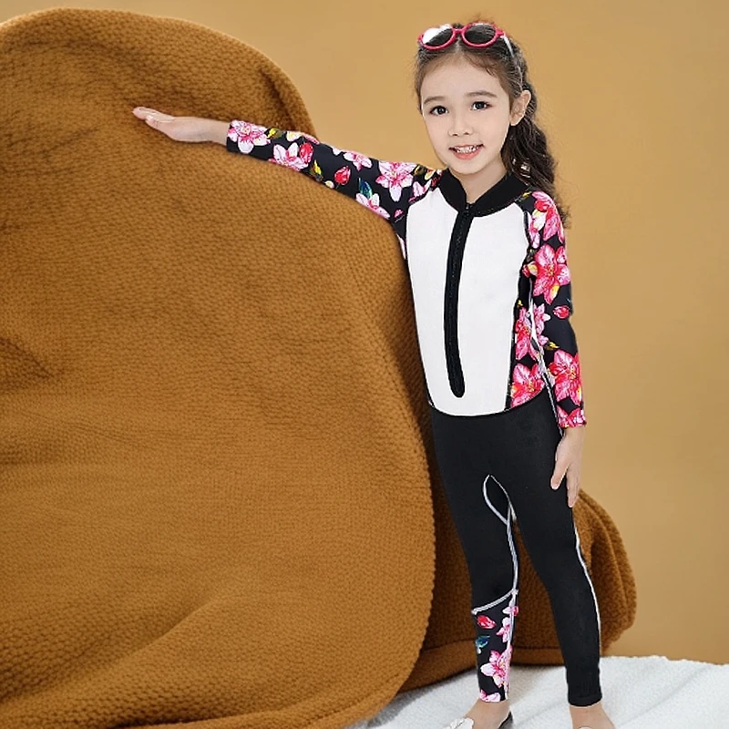 新款儿童长袖连体泳衣女童中大童游泳衣小女孩连体防晒泳衣速干型