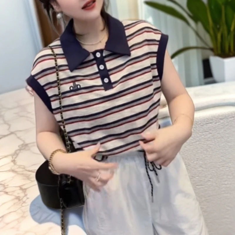 极简风条纹poloT恤拼接冰丝针织夏季宽松撞色短袖遮肉显瘦百搭女