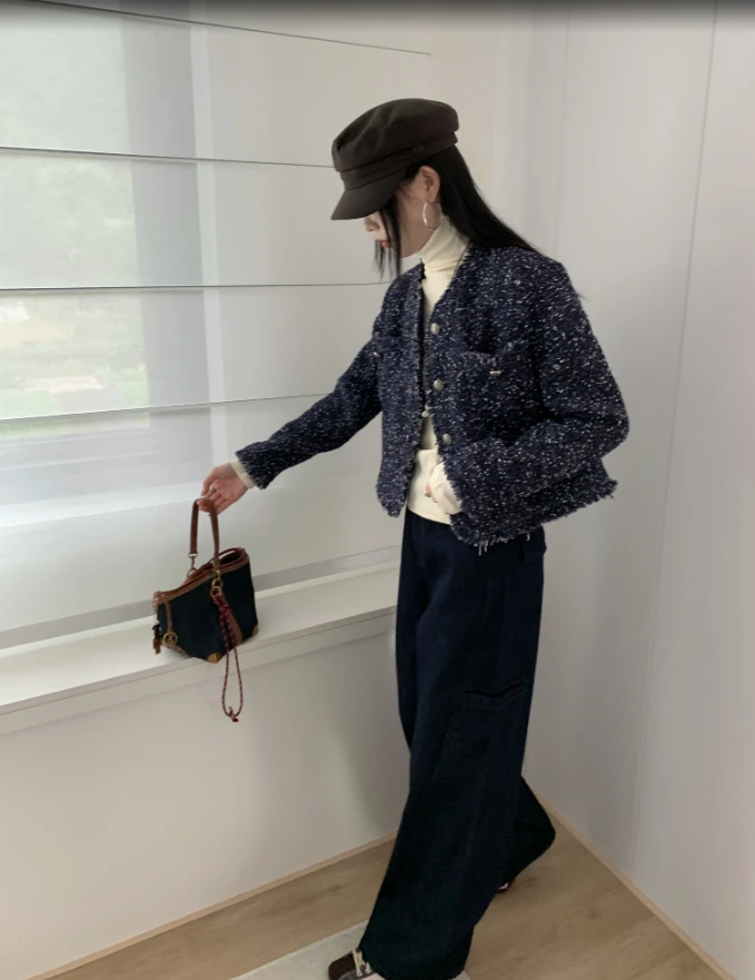 小余专享女老钱风小香风常规短外套宽松设计师上衣蓝色YSH3830